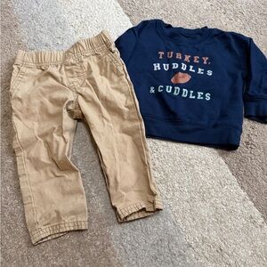Carter's Turkey Huddles & Cuddles Shirt  & Tan Casual Pants for Kids- 12 months